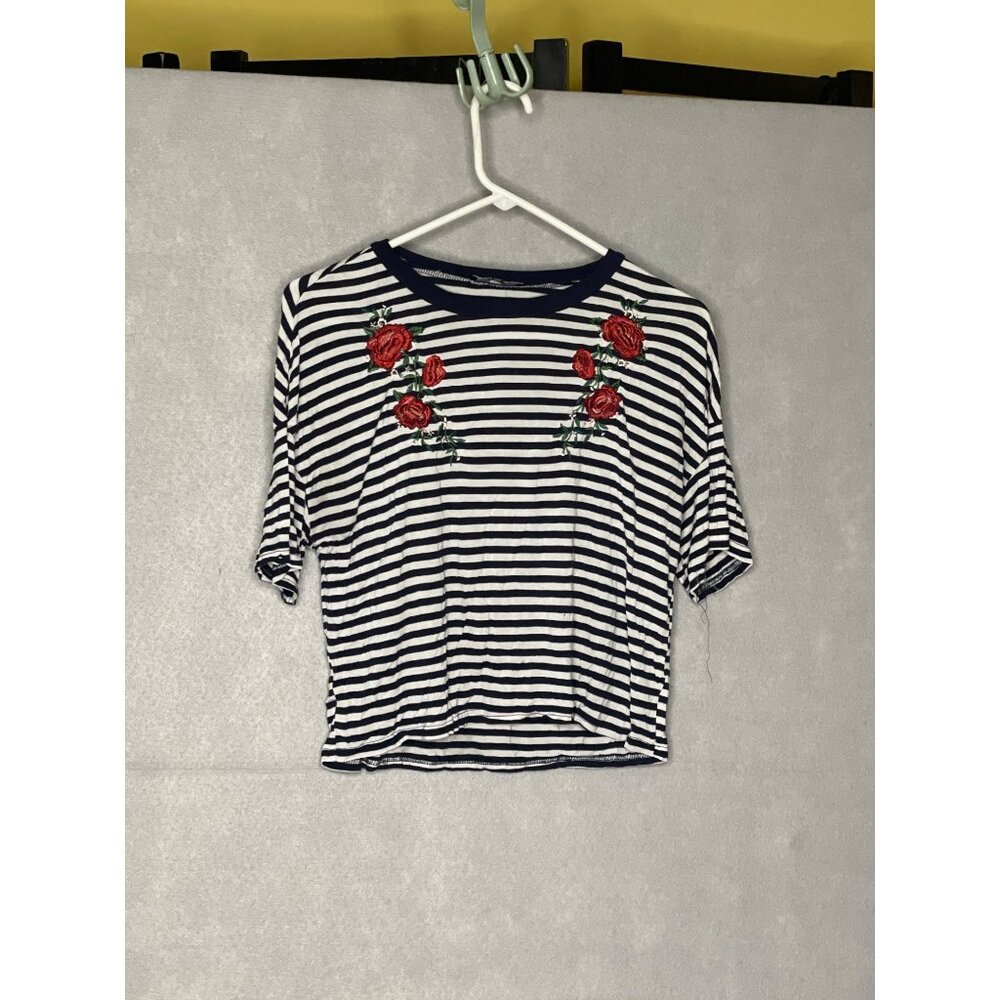 Kendall and Kylie Womens Striped Floral Embroidered T Shirt Size S Navy White